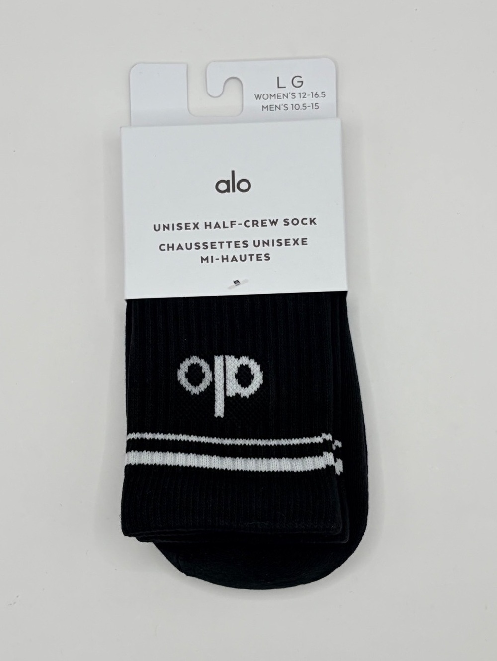 Alo Unisex Half-Crew Socks Large Black with White Stripes